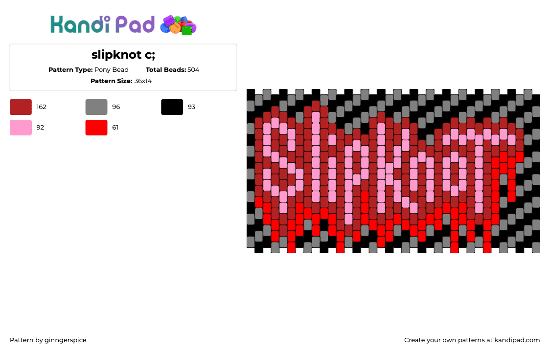 slipknot c; - Pony Bead Pattern by ginngerspice on Kandi Pad - slipknot,bloody,logo,text,music,metal,band,cuff,black,red