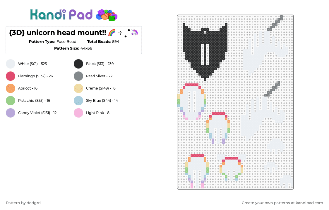{3D} unicorn head mount!! 🌈 ⊹ ₊˚🦄 - Fuse Bead Pattern by dedgrrl on Kandi Pad - white,gray,red,pink,unicorn,rainbow,head,kawaii,cutecore,3d,wall,kidcore