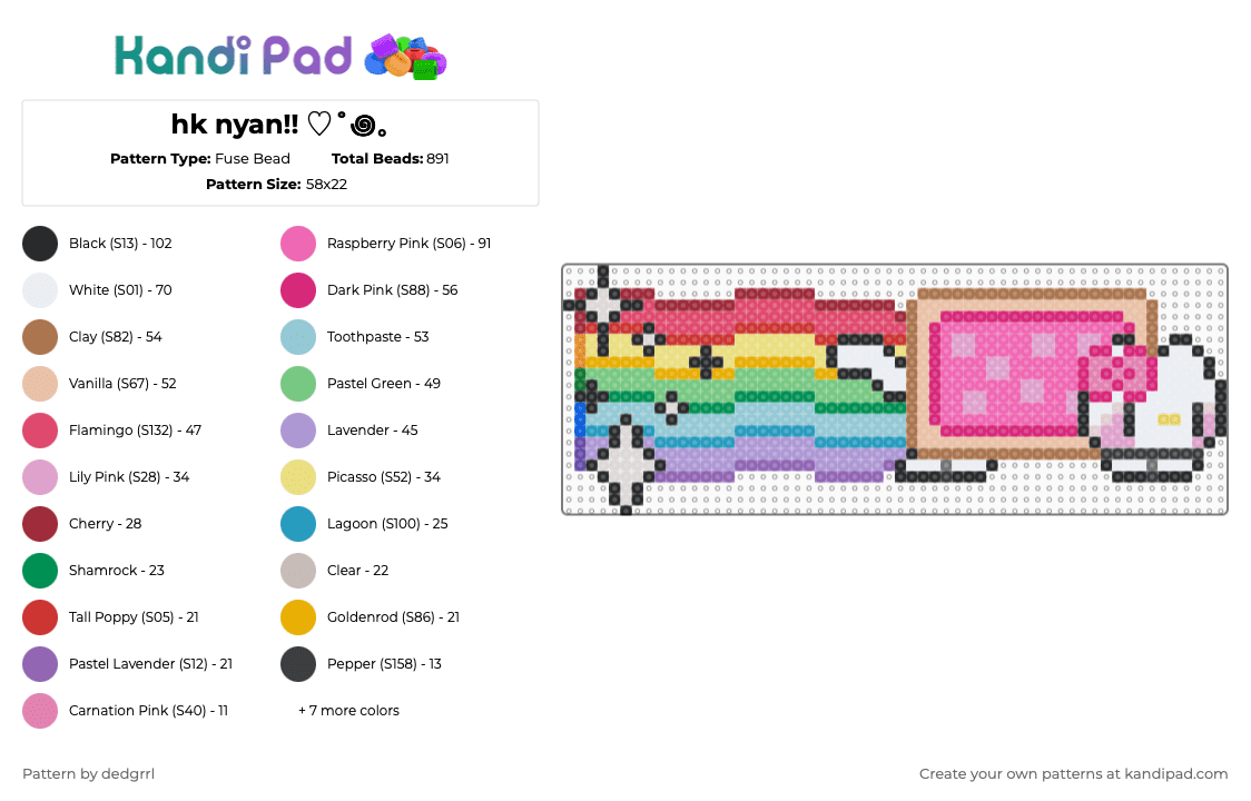 hk nyan!! ♡˚꩜｡ - Fuse Bead Pattern by dedgrrl on Kandi Pad - pink,beige,teal,colorful,nyan cat,nyan,hk,hello kitty,sanrio,rainbow,pride,kawaii