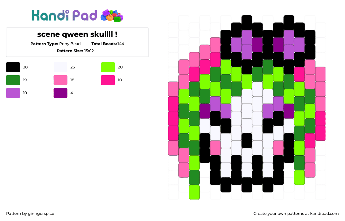 scene qween skullll ! - Pony Bead Pattern by dedgrrl on Kandi Pad - green,pink