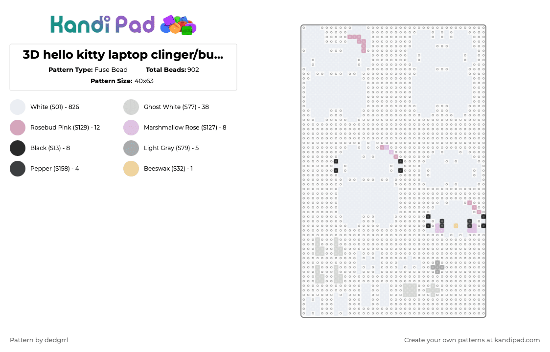 3D hello kitty laptop clinger/buddy!! ;> - Fuse Bead Pattern by dedgrrl on Kandi Pad - white,pink,hello kitty,3d,laptop,clinging,hanging,buddy,clinger,hanger