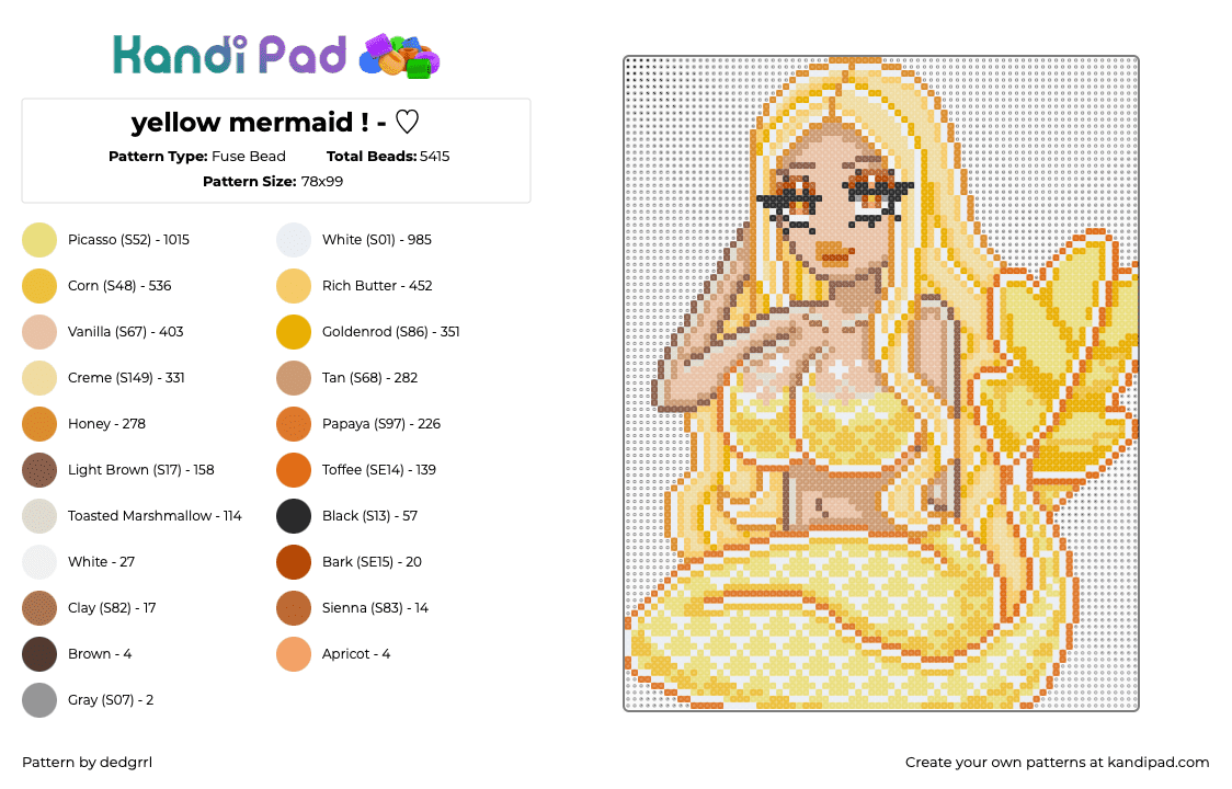 yellow mermaid ! - ♡ - Fuse Bead Pattern by dedgrrl on Kandi Pad - orange,yellow,beige,mermaid,summer,ocean,beach,cute,kawaii,grunge