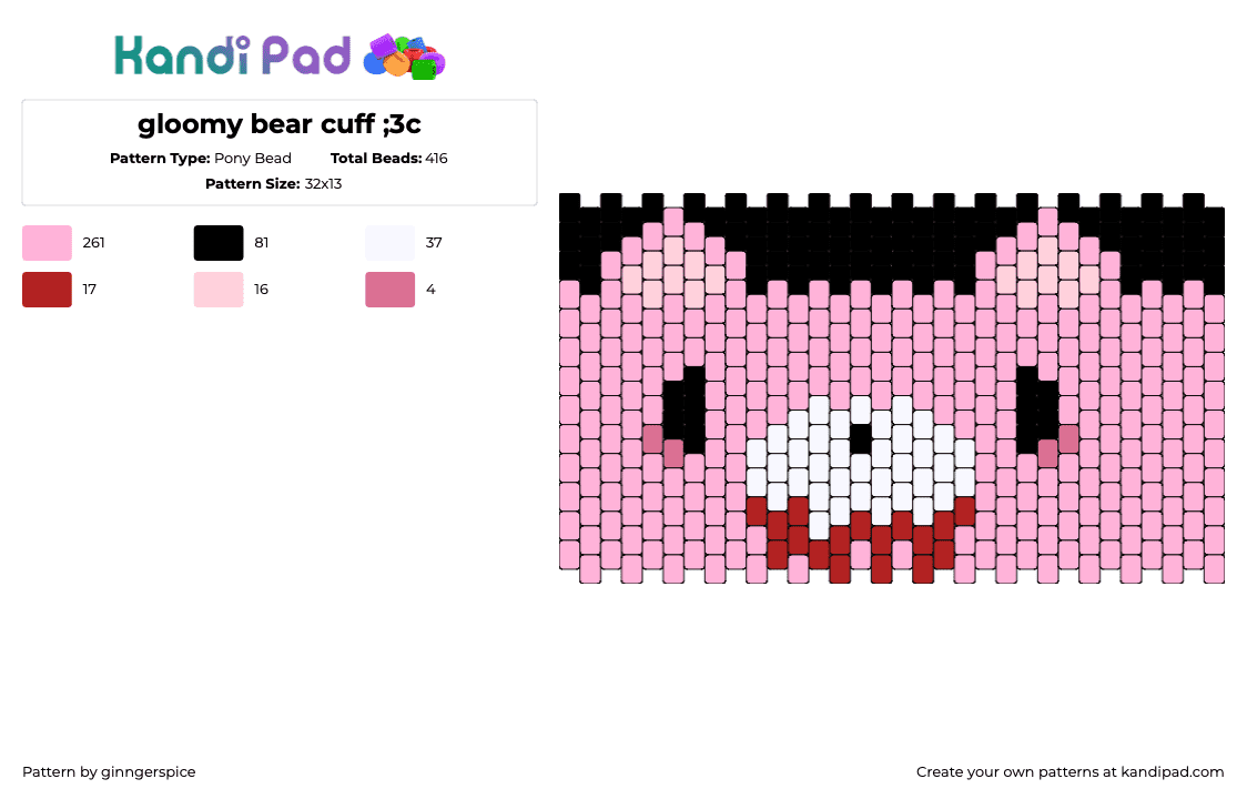 gloomy bear cuff ;3c - Pony Bead Pattern by ginngerspice on Kandi Pad - gloomy bear,teddy,blood,dark,cuff,pink,black