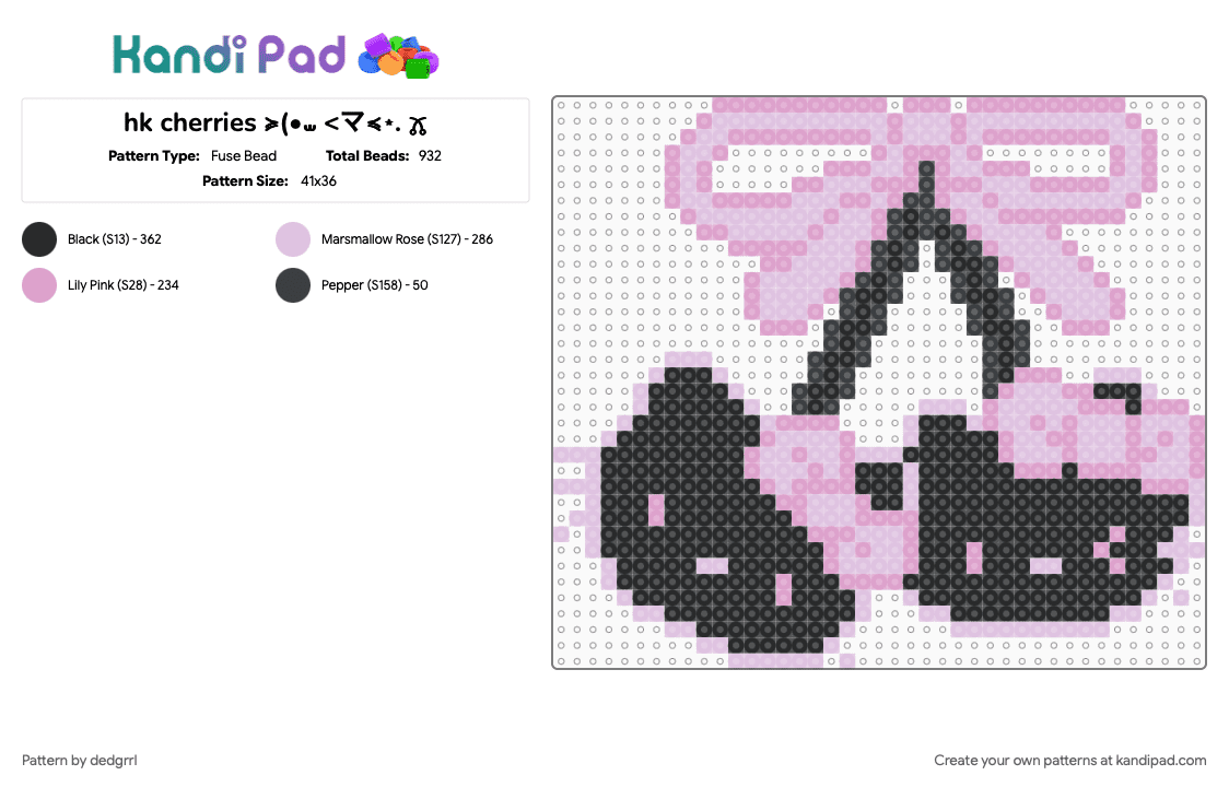 hk cherries ⋆. 🜼 - Fuse Bead Pattern by dedgrrl on Kandi Pad - black, cherries, cherry, cutecore, hello kitty, kawaii, kitty, pink, pink and black, sanrio
