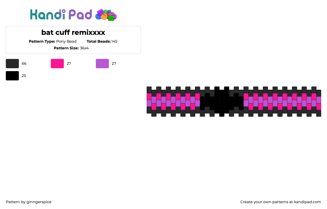 bat cuff remixxxx - Pony Bead Pattern by dedgrrl on Kandi Pad - bat,scene,black,pink