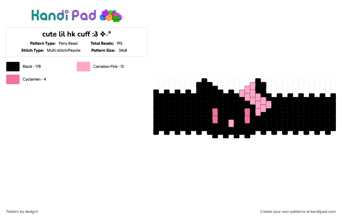 cute lil hk cuff :꣓ ✧˖° - Pony Bead Pattern by dedgrrl on Kandi Pad - black, cute, cutecore, goth, hello kitty, kawaii, kitty, pink and black, sanrio