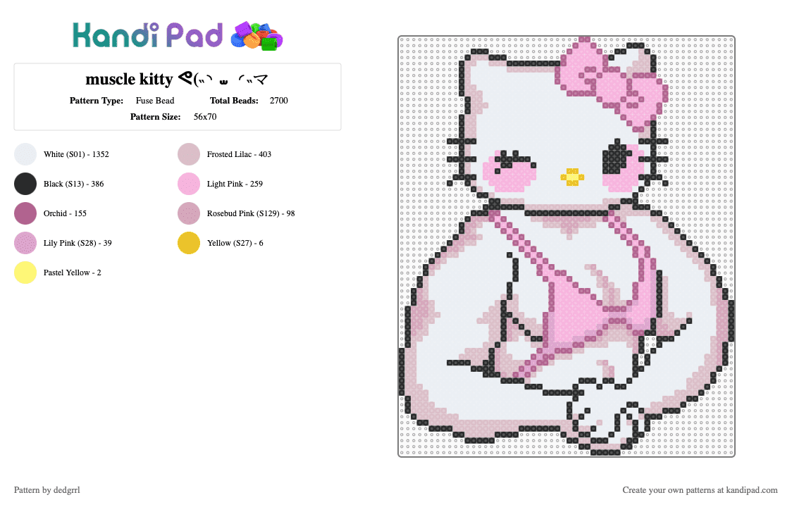 muscle kitty ᕙ(˵◝ ⩊  ◜˵マ - Fuse Bead Pattern by dedgrrl on Kandi Pad - white,pink,beige,hello kitty,sanrio,kawaii,cutecore,muscles,gym,workout,strong