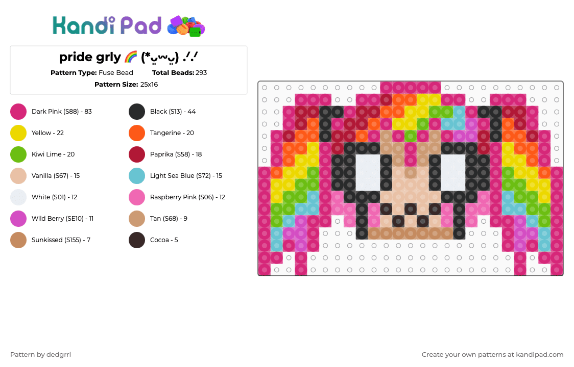 pride grly 🌈 (*ᴗ͈𖥦ᴗ͈) .ᐟ.ᐟ - Fuse Bead Pattern by dedgrrl on Kandi Pad - pink,beige,pride,rainbow,lgbt,lgbtq,lgbtqia,girl,kawaii