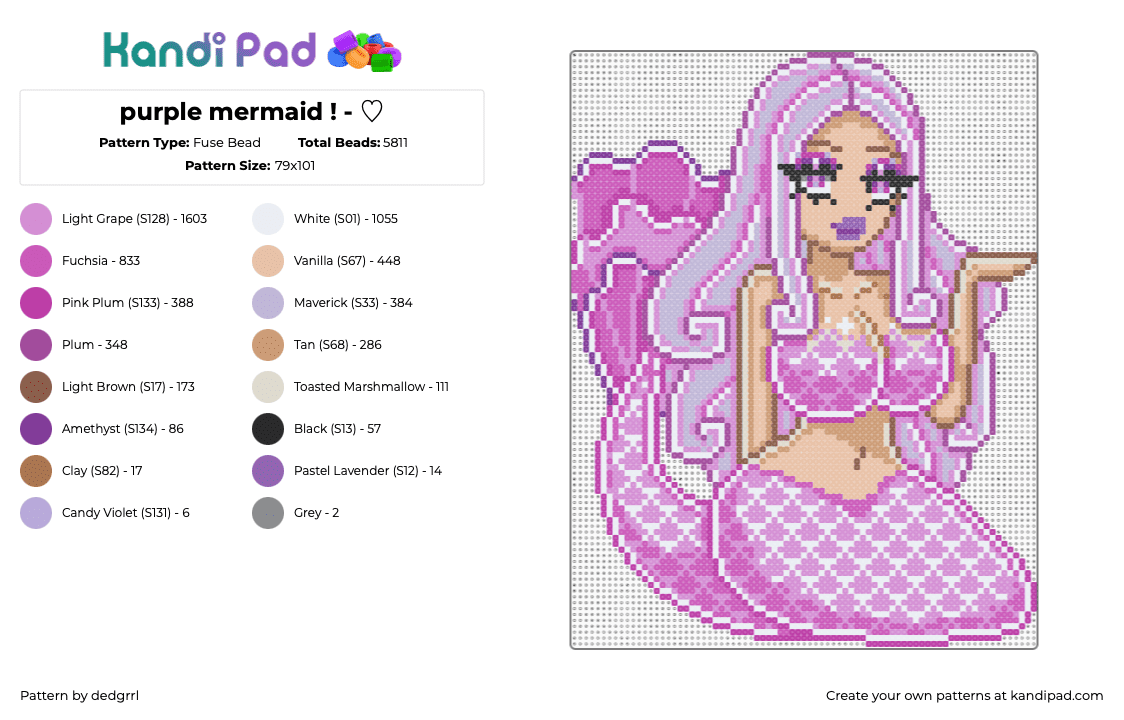 purple mermaid ! - ♡ - Fuse Bead Pattern by dedgrrl on Kandi Pad - pink,mermaid,summer,ocean,beach,cute,kawaii,grunge,purple