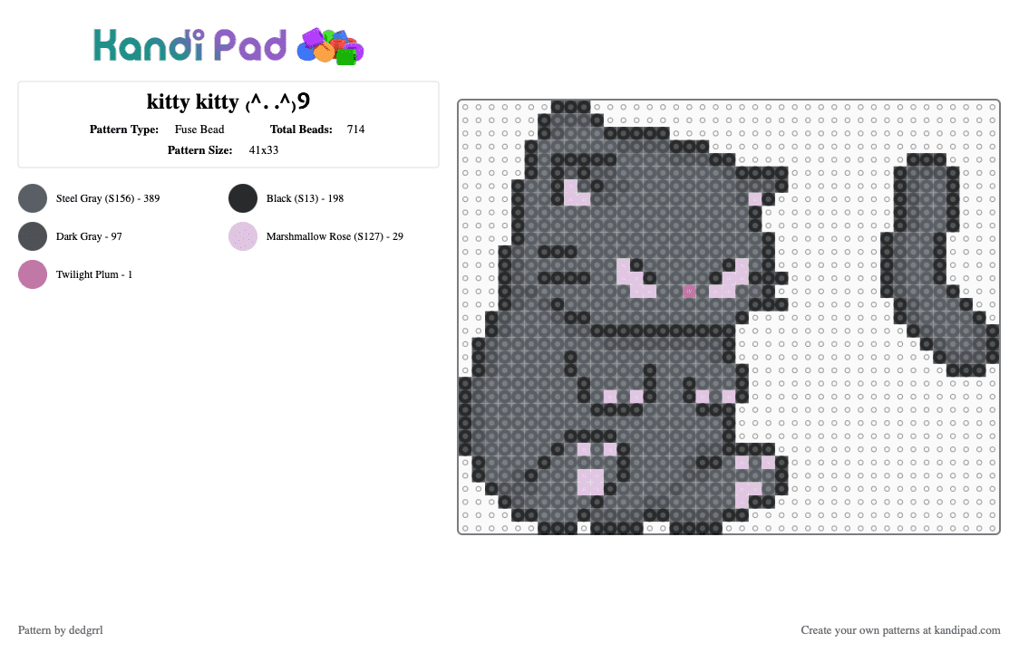 kitty kitty ₍^. .^₎Ⳋ - Fuse Bead Pattern by dedgrrl on Kandi Pad - gray,kitty,cat,grey,kitten,kawaii,cutecore,cute