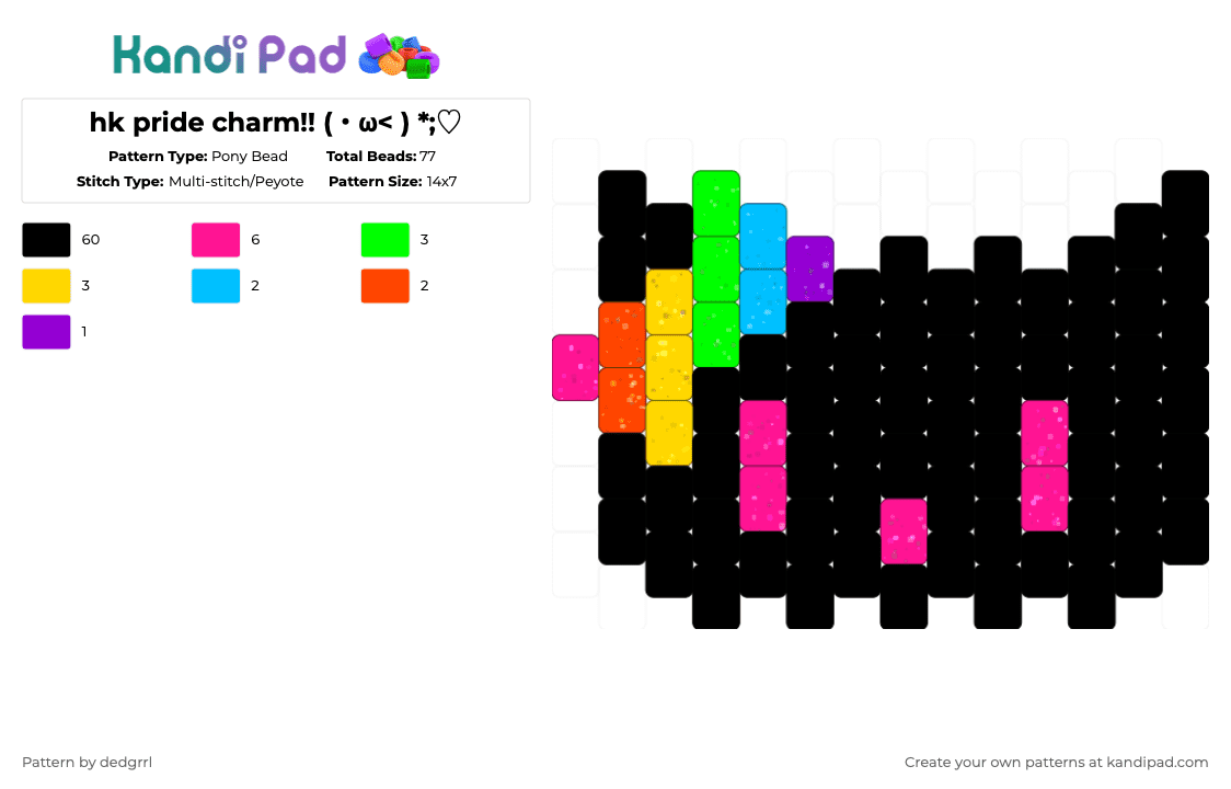 hk pride charm!! (・ω< ) *;♡ - Pony Bead Pattern by dedgrrl on Kandi Pad - black,pink,green,yellow,hk,hello kitty,pride,rainbow,kawaii,cutecore,lgbt,lgbtqia