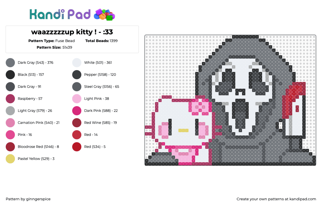 waazzzzzup kitty ! - :33 - Fuse Bead Pattern by dedgrrl on Kandi Pad - gray