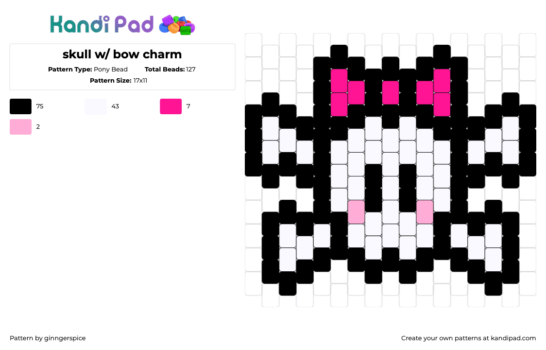 skull w/ bow charm - Pony Bead Pattern by ginngerspice on Kandi Pad - skull,crossbones,bow,charm,spooky,cute,halloween,skeleton,blush,white,pink