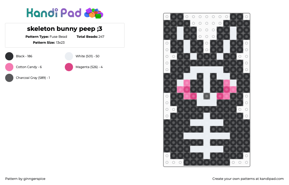 skeleton bunny peep ;3 - Fuse Bead Pattern by ginngerspice on Kandi Pad - black,white,pink,easter,bunny,rabbit,skeleton,earrings,goth,gothic,scene