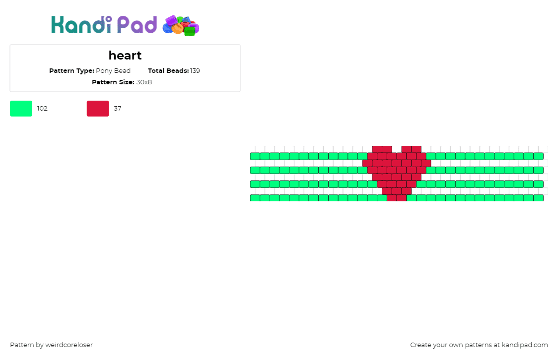 heart - Pony Bead Pattern by weirdcoreloser on Kandi Pad - heart,horizontal,stripes,love,valentine,cuff,neon,red,green