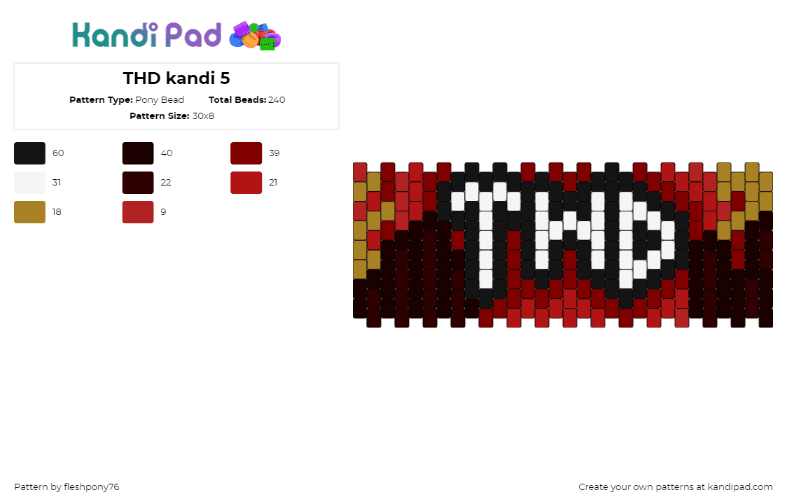 THD kandi 5 - Pony Bead Pattern by fleshpony76 on Kandi Pad - that handsome devil,logo,text,music,cuff,dark,fiery,white,red