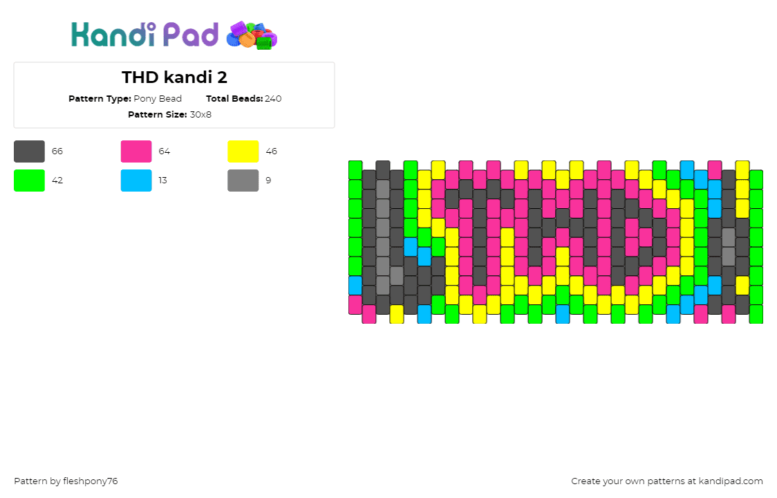 THD kandi 2 - Pony Bead Pattern by fleshpony76 on Kandi Pad - that handsome devil,logo,text,music,neon,bright,colorful,cuff,pink,yellow,green