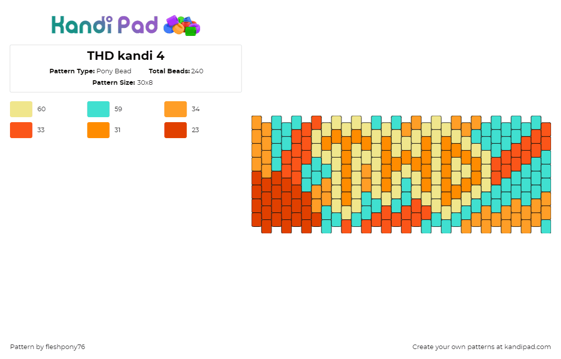 THD kandi 4 - Pony Bead Pattern by fleshpony76 on Kandi Pad - that handsome devil,logo,text,music,cuff,sun,orange,teal