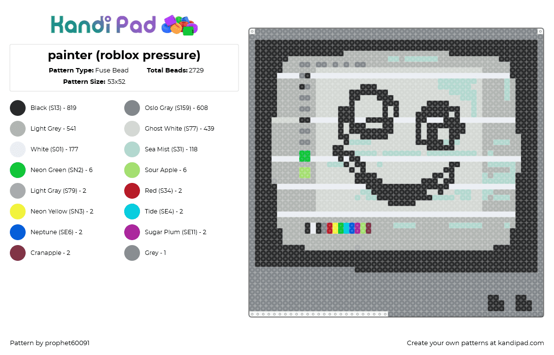 painter (roblox pressure) - Fuse Bead Pattern by prophet60091 on Kandi Pad - painter,pressure,roblox,video game,computer,face,smile,creepy,gray,black