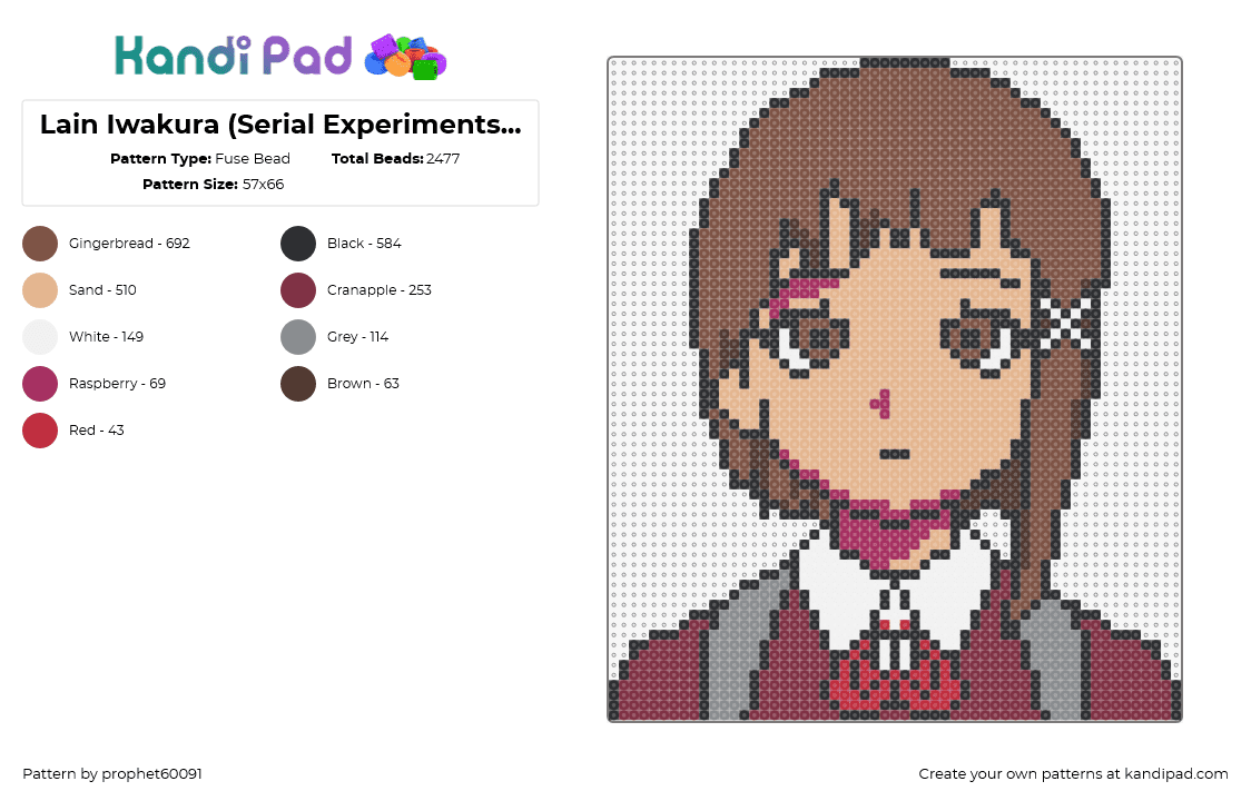 Lain Iwakura (Serial Experiments Lain) - Fuse Bead Pattern by prophet60091 on Kandi Pad - lain iwakura,serial experiments lain,character,anime,tv show,portrait,tan,red,brown