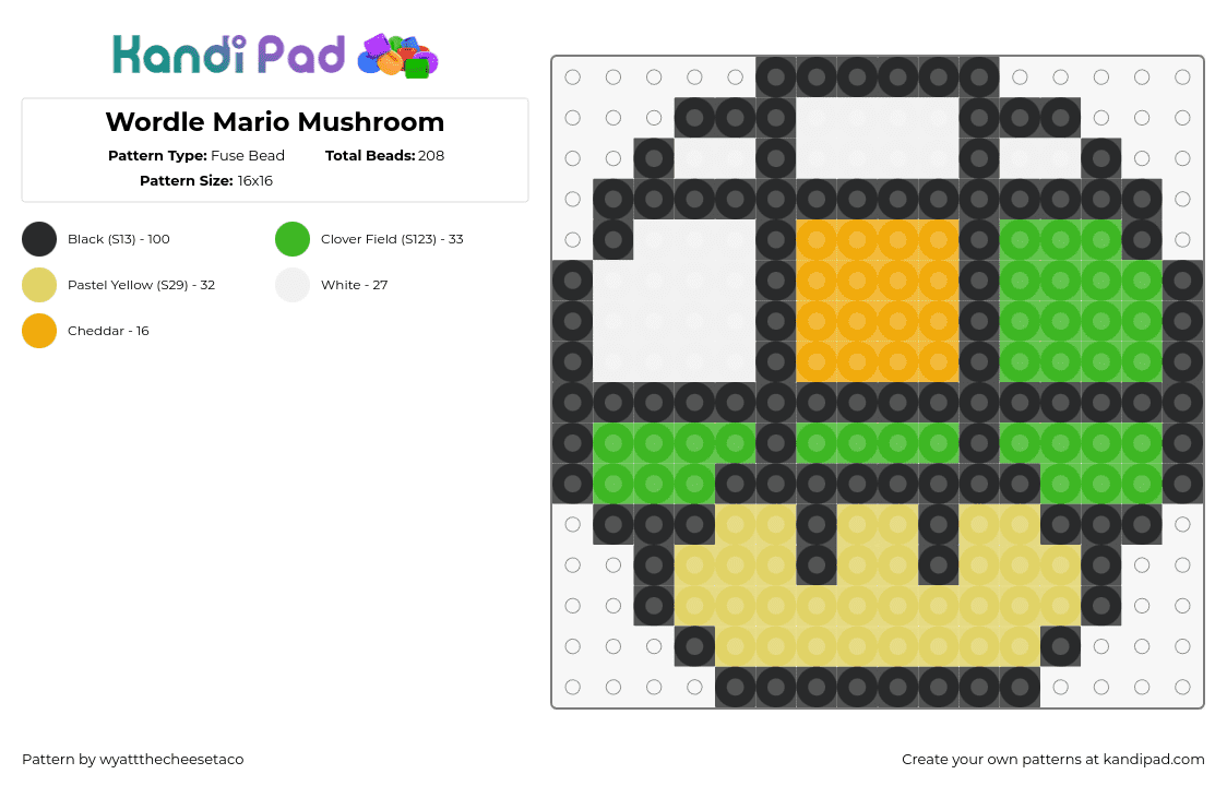 Wordle Mario Mushroom - Fuse Bead Pattern by wyattthecheesetaco on Kandi Pad - wordle,mushroom,mario,nintendo,mashup,gaming,green,yellow,white