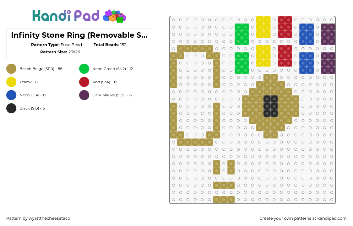 Infinity Stone Ring (Removable Stones) - Fuse Bead Pattern by wyattthecheesetaco on Kandi Pad - infinity stones,ring,jewelry,marvel,colorful,gold
