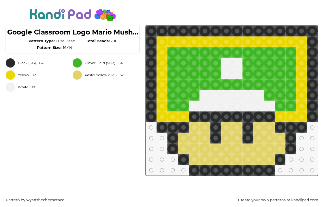 Google Classroom Logo Mario Mushroom - Fuse Bead Pattern by wyattthecheesetaco on Kandi Pad - google,mushroom,classroom,mashup,mario,school,green,yellow