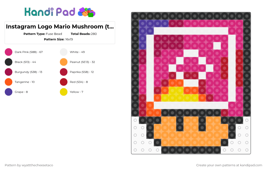 Instagram Logo Mario Mushroom (to be improved upon) - Fuse Bead Pattern by wyattthecheesetaco on Kandi Pad - pink,orange