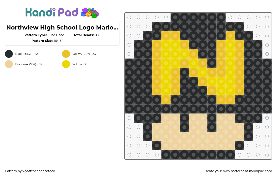 Northview High School Logo Mario Mushroom - Fuse Bead Pattern by wyattthecheesetaco on Kandi Pad - northview,mushroom,high school,education,mario,nintendo,yellow,black