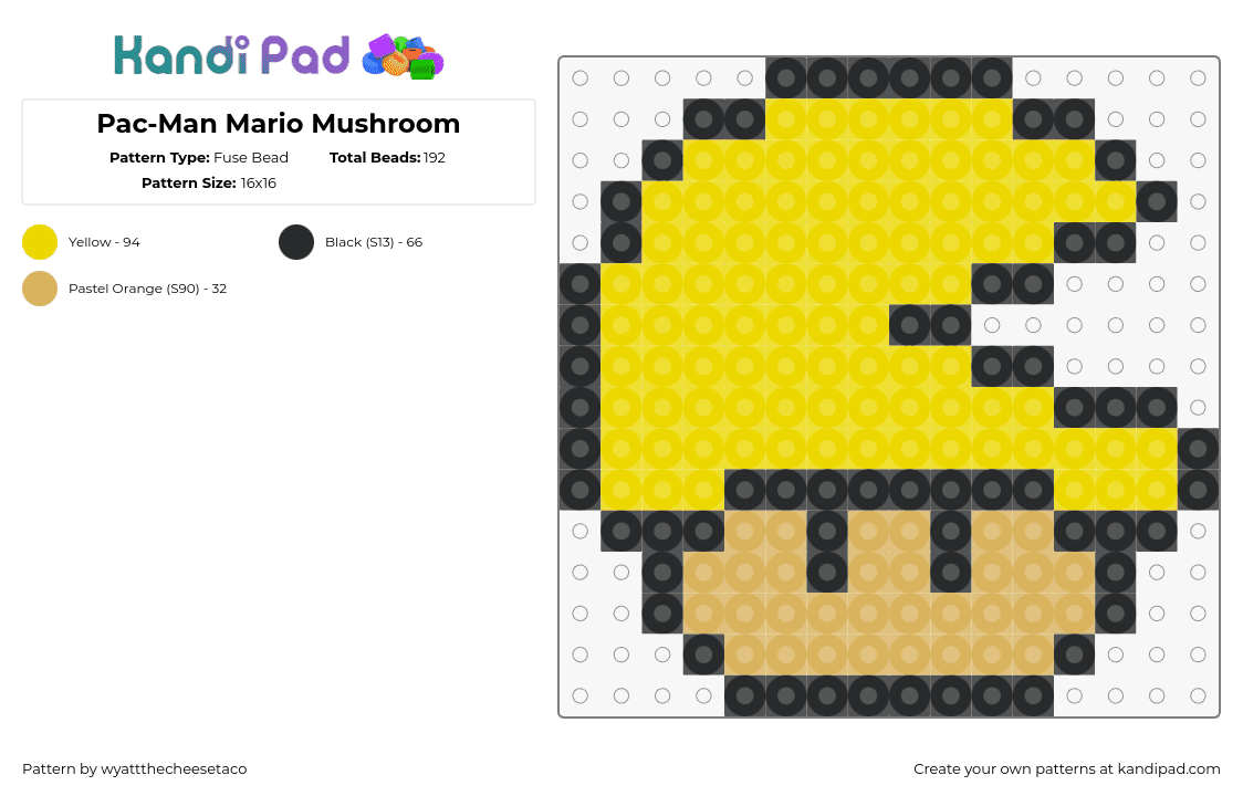 Pac-Man Mario Mushroom - Fuse Bead Pattern by wyattthecheesetaco on Kandi Pad - pac man,mushroom,mario,nintendo,mashup,video game,arcade,classic,yellow,tan