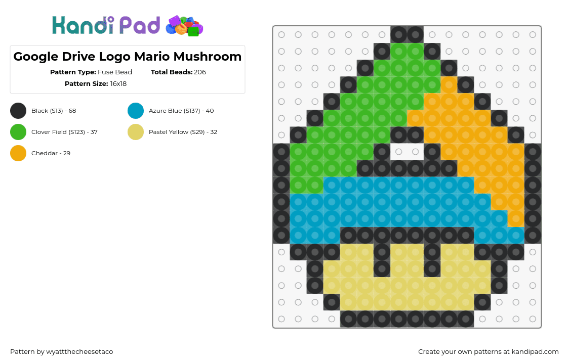 Google Drive Logo Mario Mushroom - Fuse Bead Pattern by wyattthecheesetaco on Kandi Pad - google drive,logo,mushroom,nintendo,mashup,green,yellow,teal