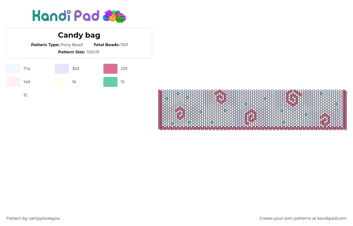 Candy bag - Pony Bead Pattern by vampylovesyou on Kandi Pad - swirls,spiral,panel,bag,pink,white