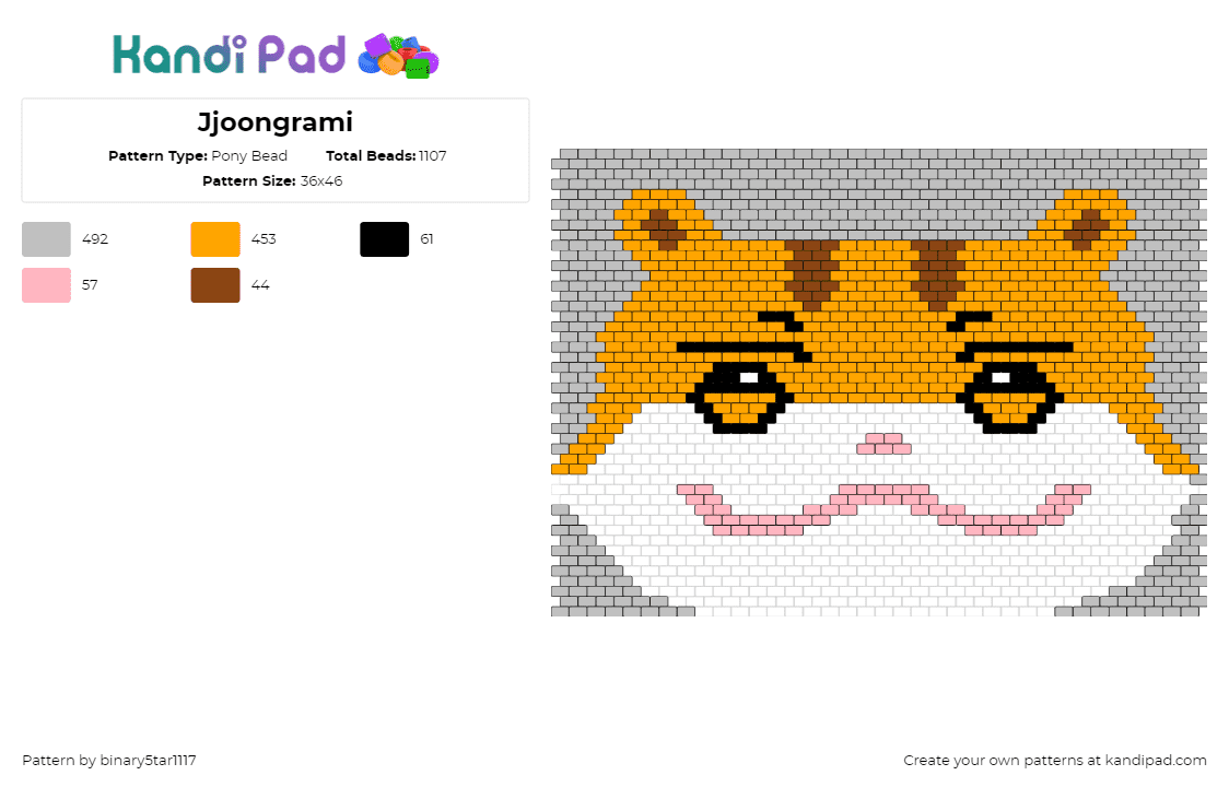 Jjoongrami - Pony Bead Pattern by binary5tar1117 on Kandi Pad - jjoongrami,hamster,kpop,head,panel,gray,orange,white