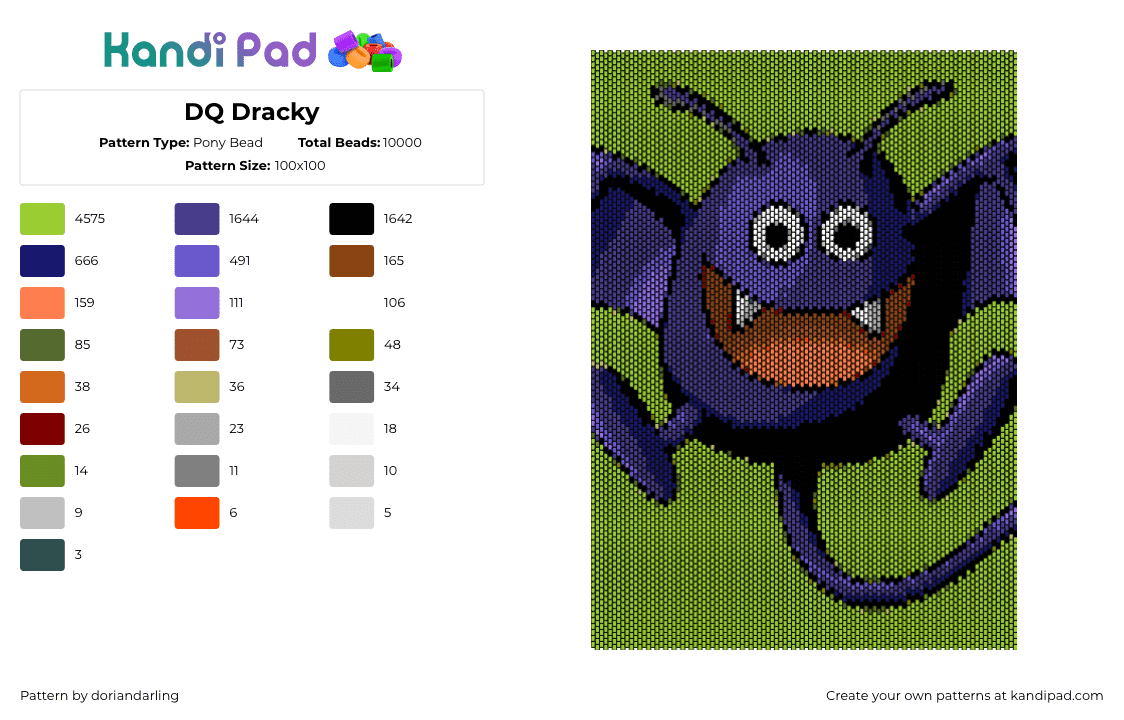 DQ Dracky - Pony Bead Pattern by doriandarling on Kandi Pad - dracky,dragon quest,character,cute,smile,bat,panel,purple,green