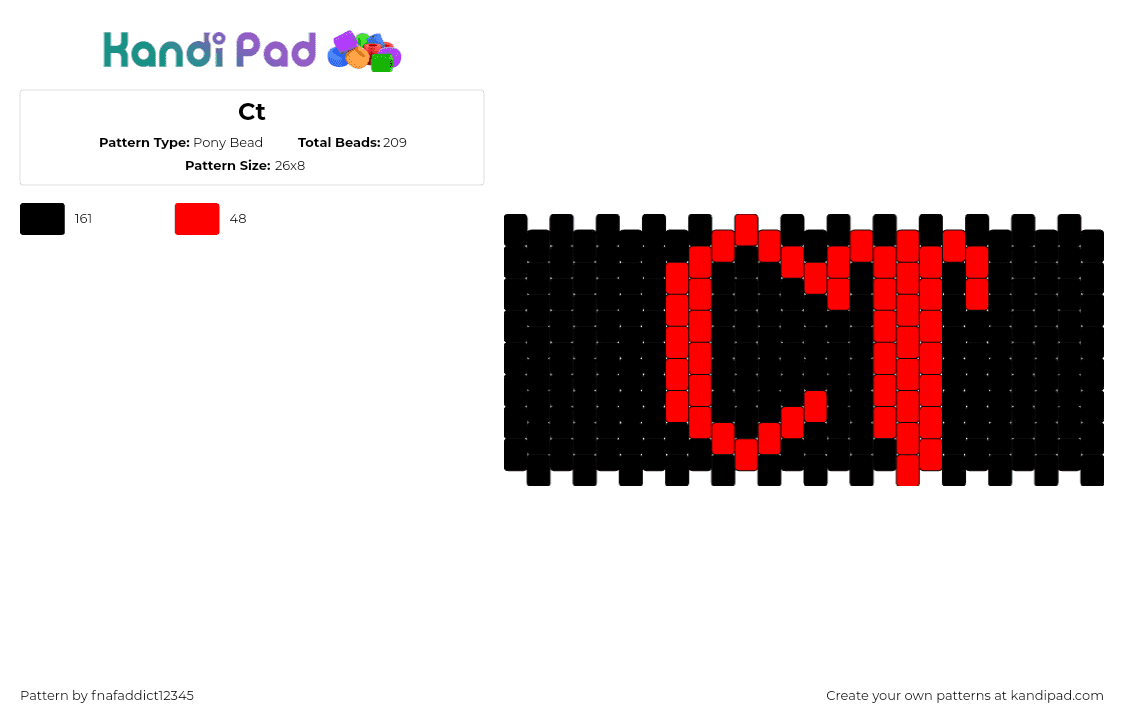 Ct - Pony Bead Pattern by fnafaddict12345 on Kandi Pad - ct,text,cuff,simple,dark,black,red