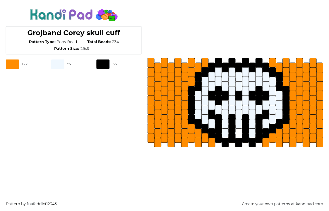 Grojband Corey skull cuff - Pony Bead Pattern by fnafaddict12345 on Kandi Pad - corey,grojband,skull,cartoon,tv show,cuff,orange,white