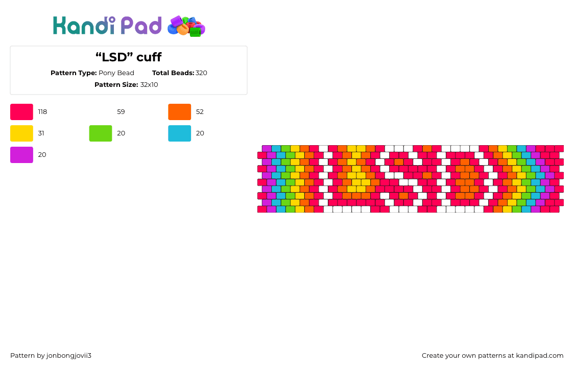 “LSD” cuff - Pony Bead Pattern by jonbongjovii3 on Kandi Pad - lsd,text,rainbow,acid,cuff,trippy,red,white,orange