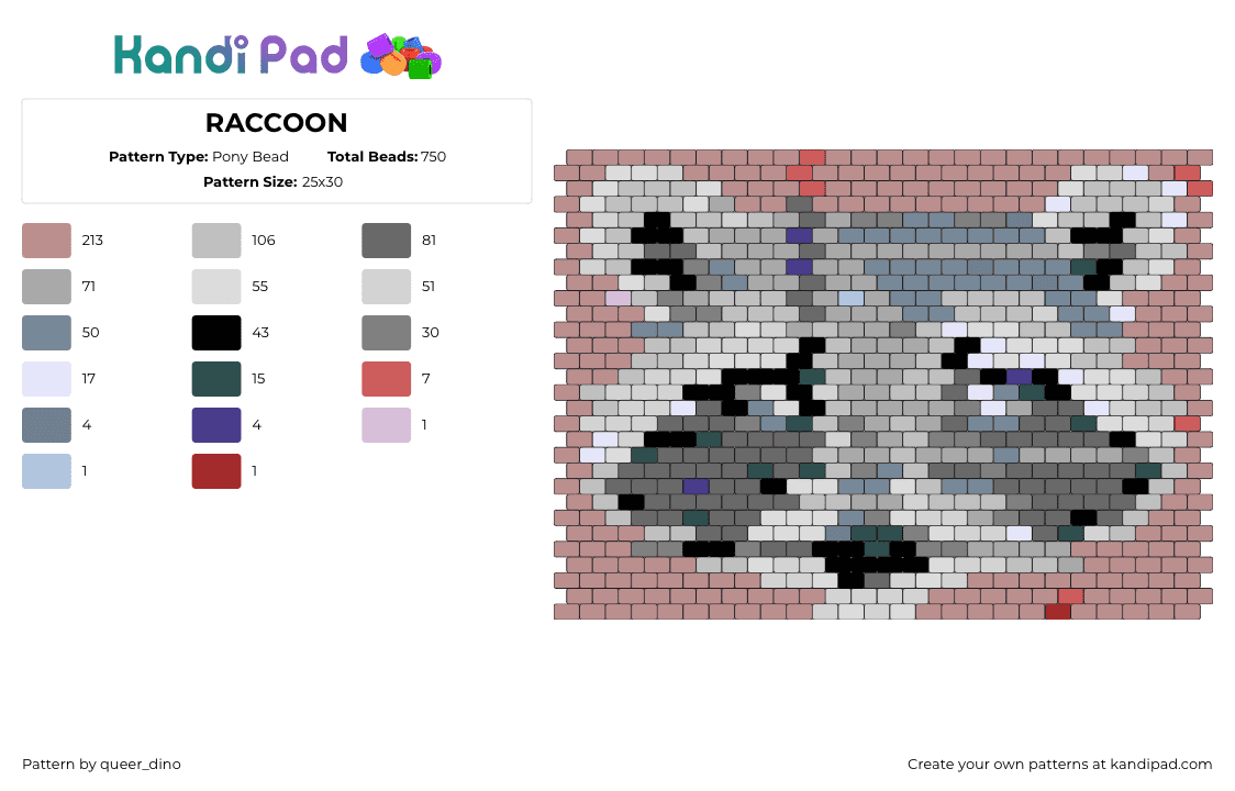 RACCOON - Pony Bead Pattern by queer_dino on Kandi Pad - raccoon,animal,trash panda,panel,gray