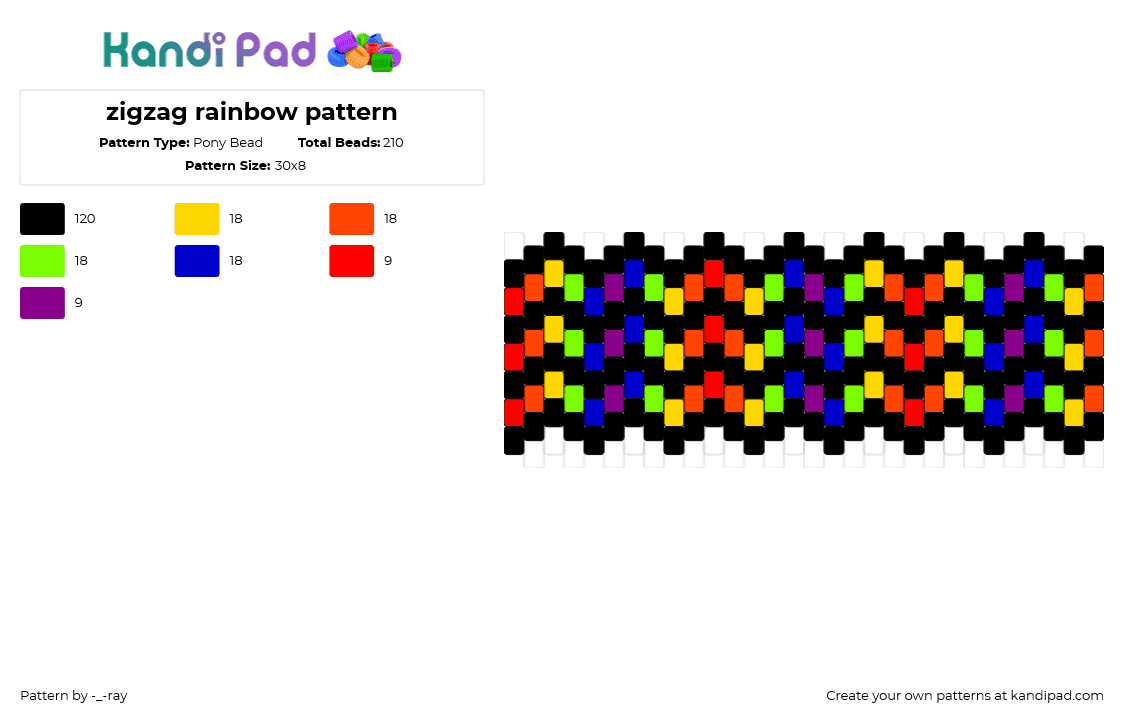 zigzag rainbow pattern v1 - Pony Bead Pattern by -_-ray on Kandi Pad - zigzag,rainbow,wave,dark,cuff,colorful,black