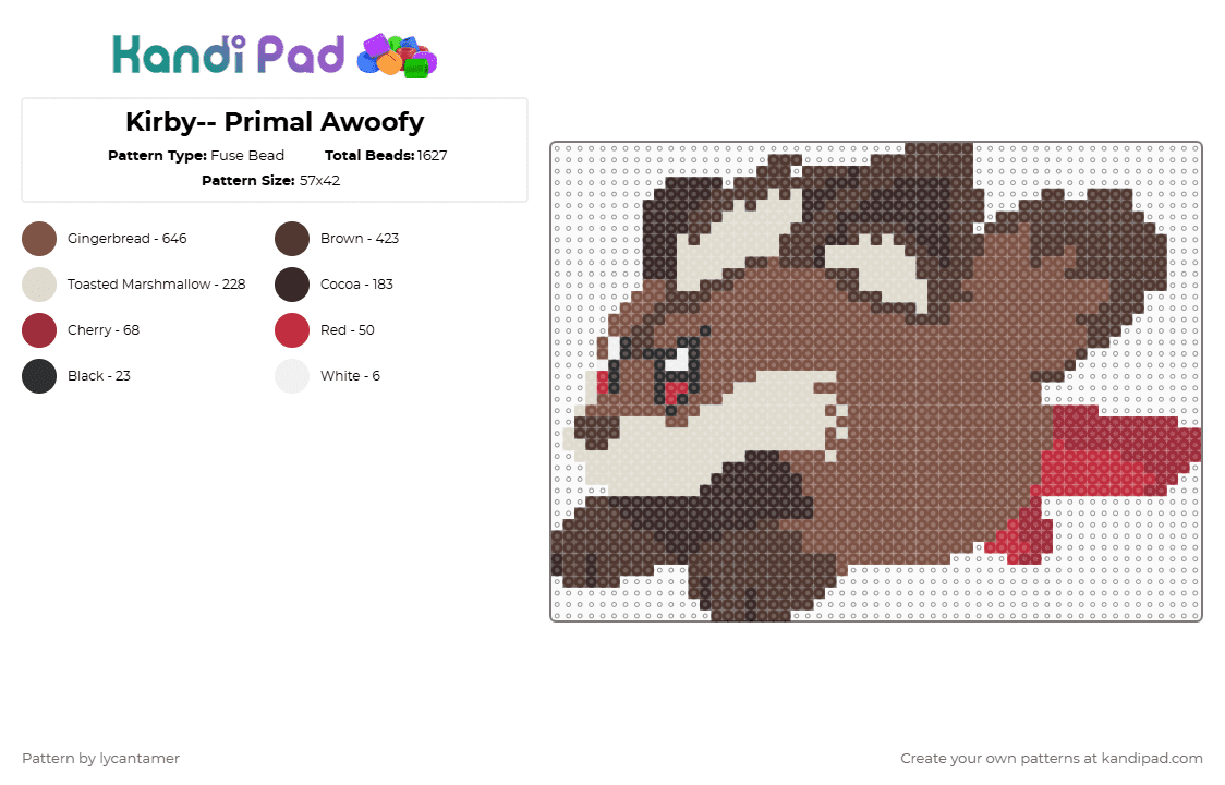 Kirby-- Primal Awoofy - Fuse Bead Pattern by lycantamer on Kandi Pad - awoofy, brown, creature, kirby, nintendo, primal awoofy, tan