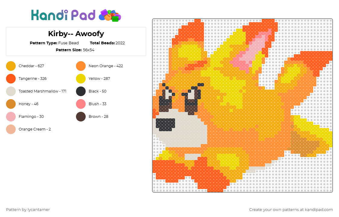 Kirby-- Awoofy - Fuse Bead Pattern by lycantamer on Kandi Pad - animal,video game,gaming,orange,kirby,awoofy,kirby game,nintendo,creature