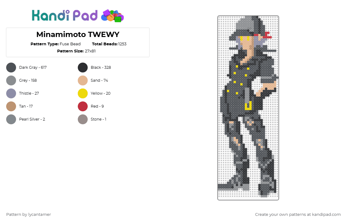 Minamimoto TWEWY - Fuse Bead Pattern by lycantamer on Kandi Pad - character,video game,anime,square enix,gaming,gray,twewy,the world ends with you,characters
