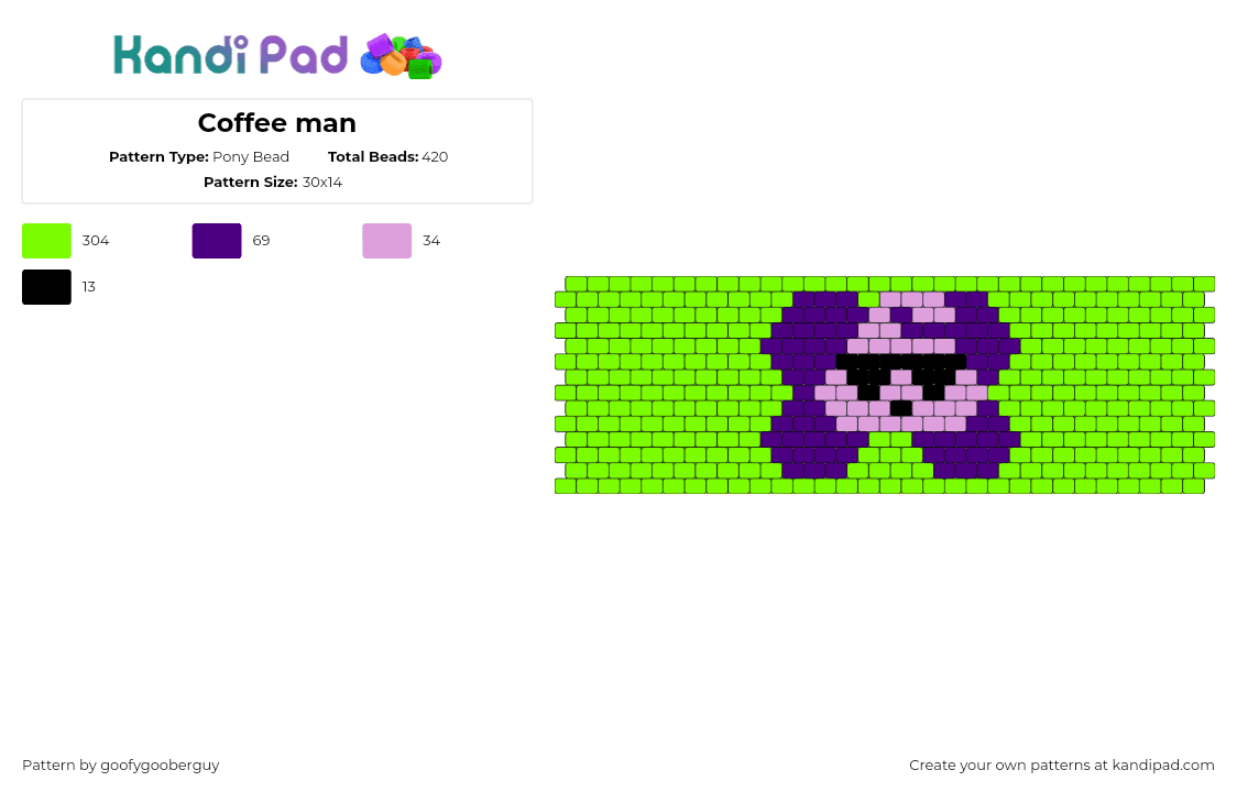 Coffee man - Pony Bead Pattern by goofygooberguy on Kandi Pad - coffee man,cool,character,cuff,purple,green