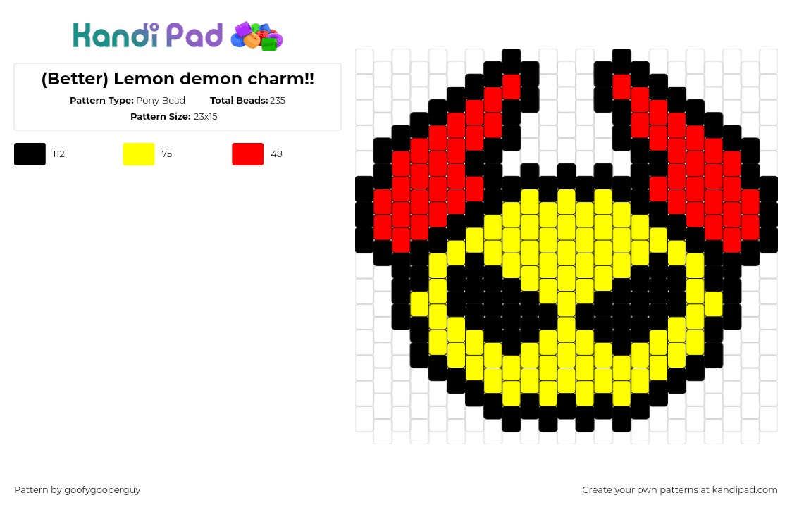 (Better) Lemon demon charm!! - Pony Bead Pattern by goofygooberguy on Kandi Pad - lemon demon,logo,music,band,horns,yellow,red,black