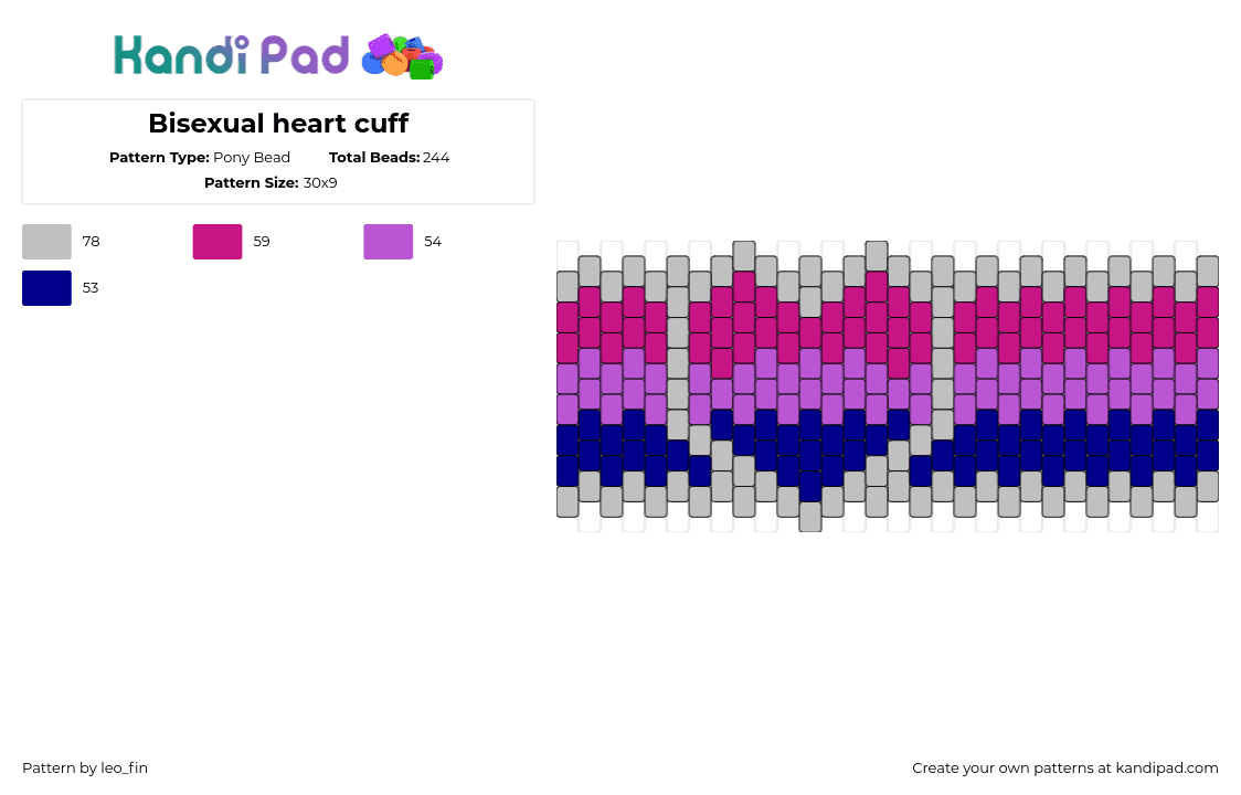 Bisexual heart cuff - Pony Bead Pattern by leo_fin on Kandi Pad - bisexual,pride,heart,cuff,pink,purple