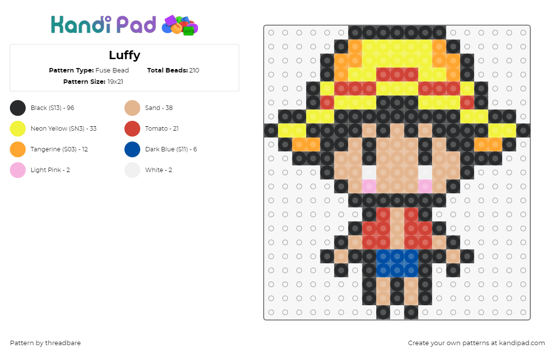 Luffy - Fuse Bead Pattern by threadbare on Kandi Pad - monkey d luffy,one piece,character,chibi,anime,straw hat,tv show,tan,yellow,red