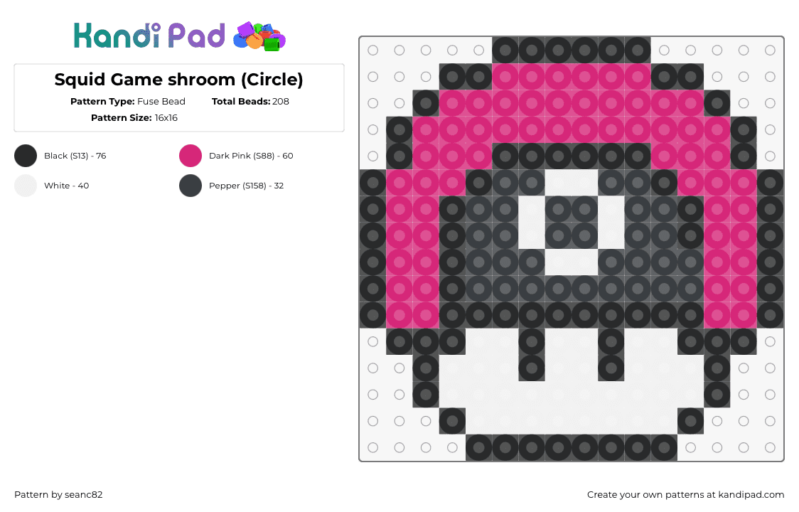 Squid Game shroom (Circle) - Fuse Bead Pattern by seanc82 on Kandi Pad - squid game,mushroom,mario,tv show,mashup,pink,black,white