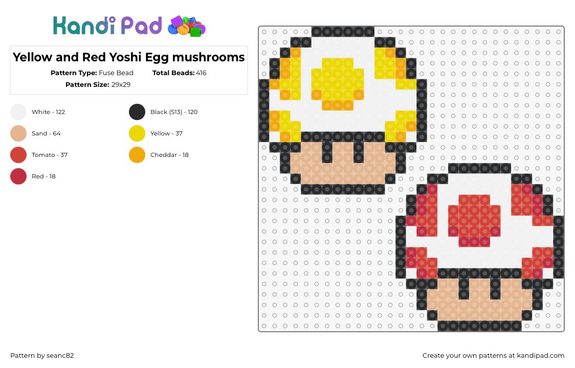 Yellow and Red Yoshi Egg mushrooms - Fuse Bead Pattern by seanc82 on Kandi Pad - yoshi,egg,mushrooms,mario,nintendo,video game,mashup,polka dots,red,yellow,white,tan