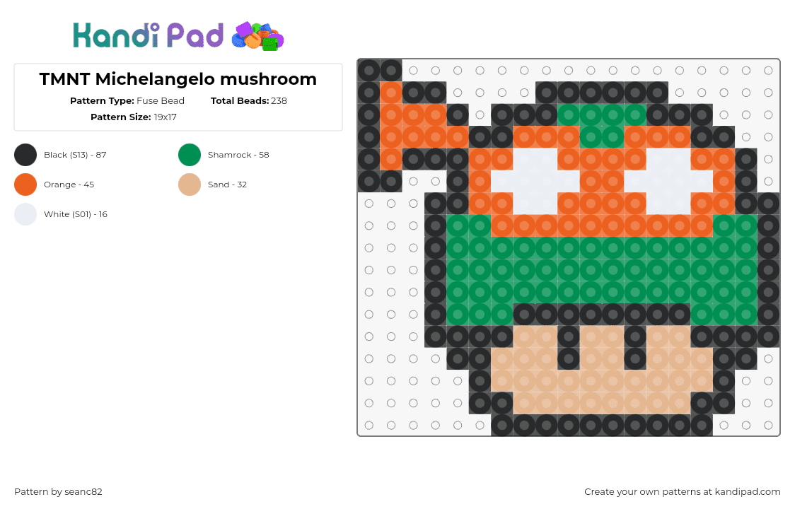 TMNT Michelangelo mushroom - Fuse Bead Pattern by seanc82 on Kandi Pad - michelangelo,tmnt,mushroom,teenage mutant ninja turtles,nintendo,mario,mashup,video game,green,orange,tan