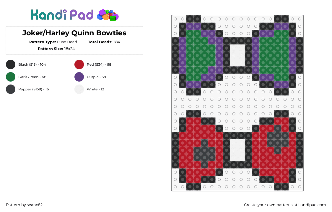 Joker/Harley Quinn Bowties - Fuse Bead Pattern by seanc82 on Kandi Pad - joker,harley quinn,batman,bow,villain,dc,comic,tie,clothing,green,red,purple